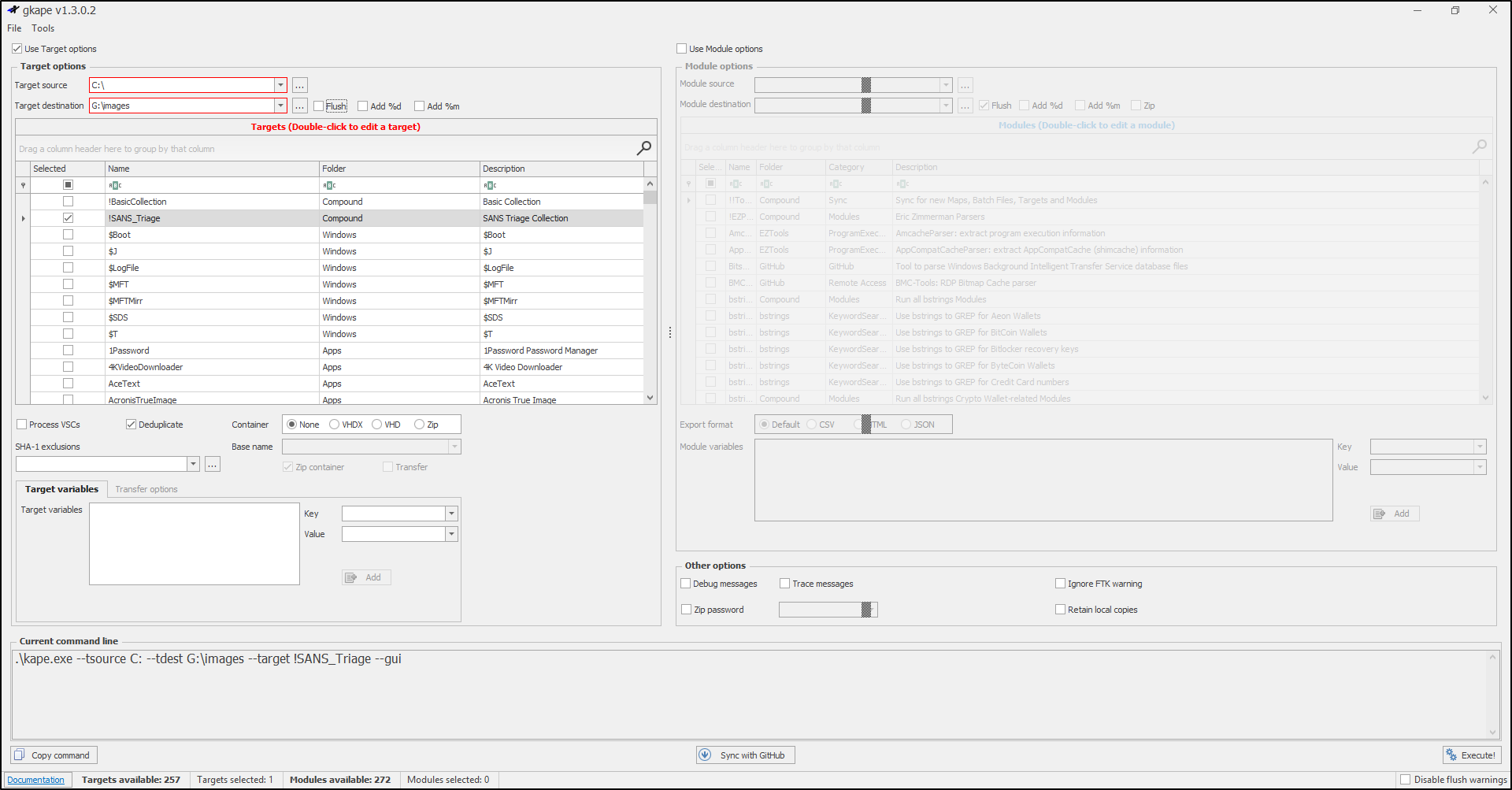 Screenshot: Configure the Target source, Target destination and !SANS_Triage target