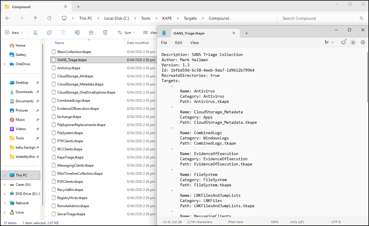 Screenshot: Review the selected !SANS_Triage compound target