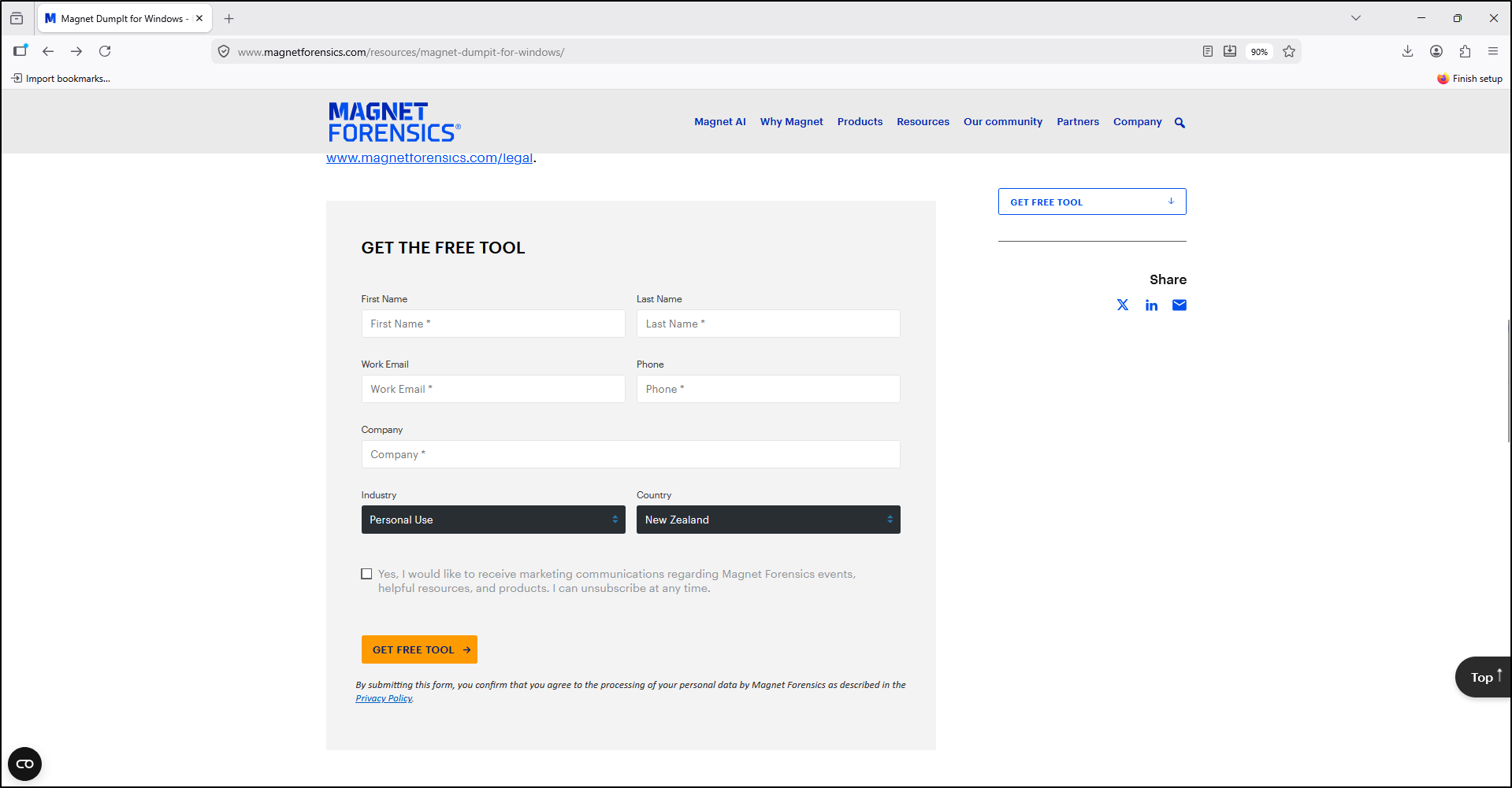 Screenshot: Register for the Magnet DumpIt download