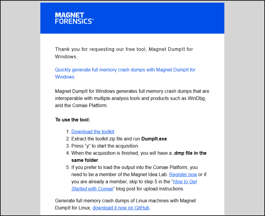 Screenshot: Retrieve the Magnet DumpIt package from the supplied link