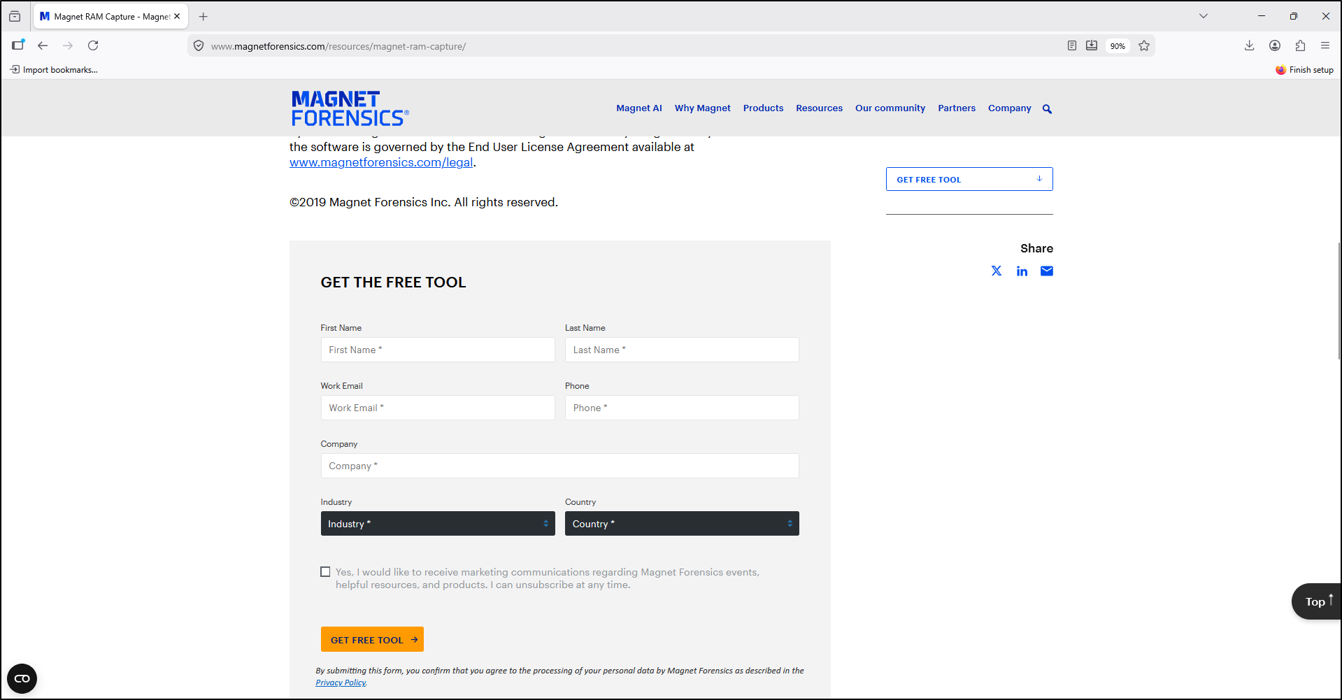 Screenshot: Magnet RAM Capture vendor download registration page