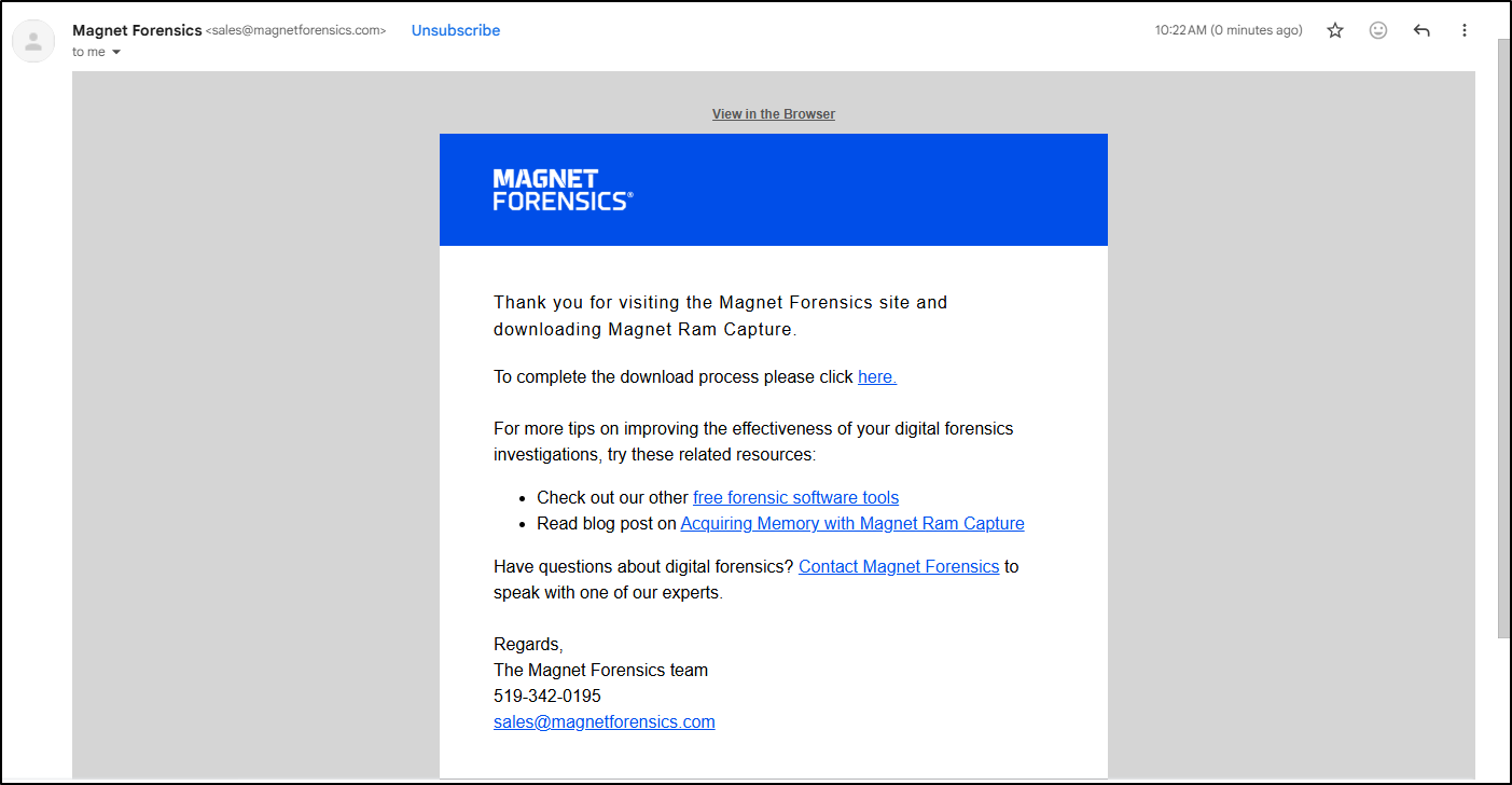 Screenshot: Email containing the Magnet RAM Capture download link