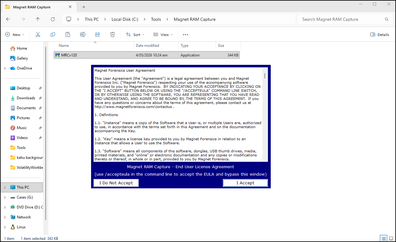 Screenshot: Windows User Account Control prompt for Magnet RAM Capture
