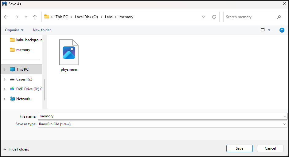 Screenshot: Save As configured for C Labs memory and memory.raw