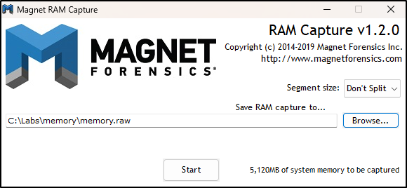 Screenshot: Magnet RAM Capture ready to save memory.raw