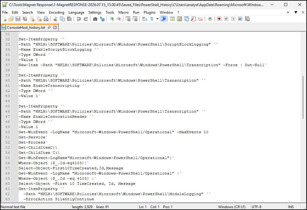 Screenshot: Review PowerShell history