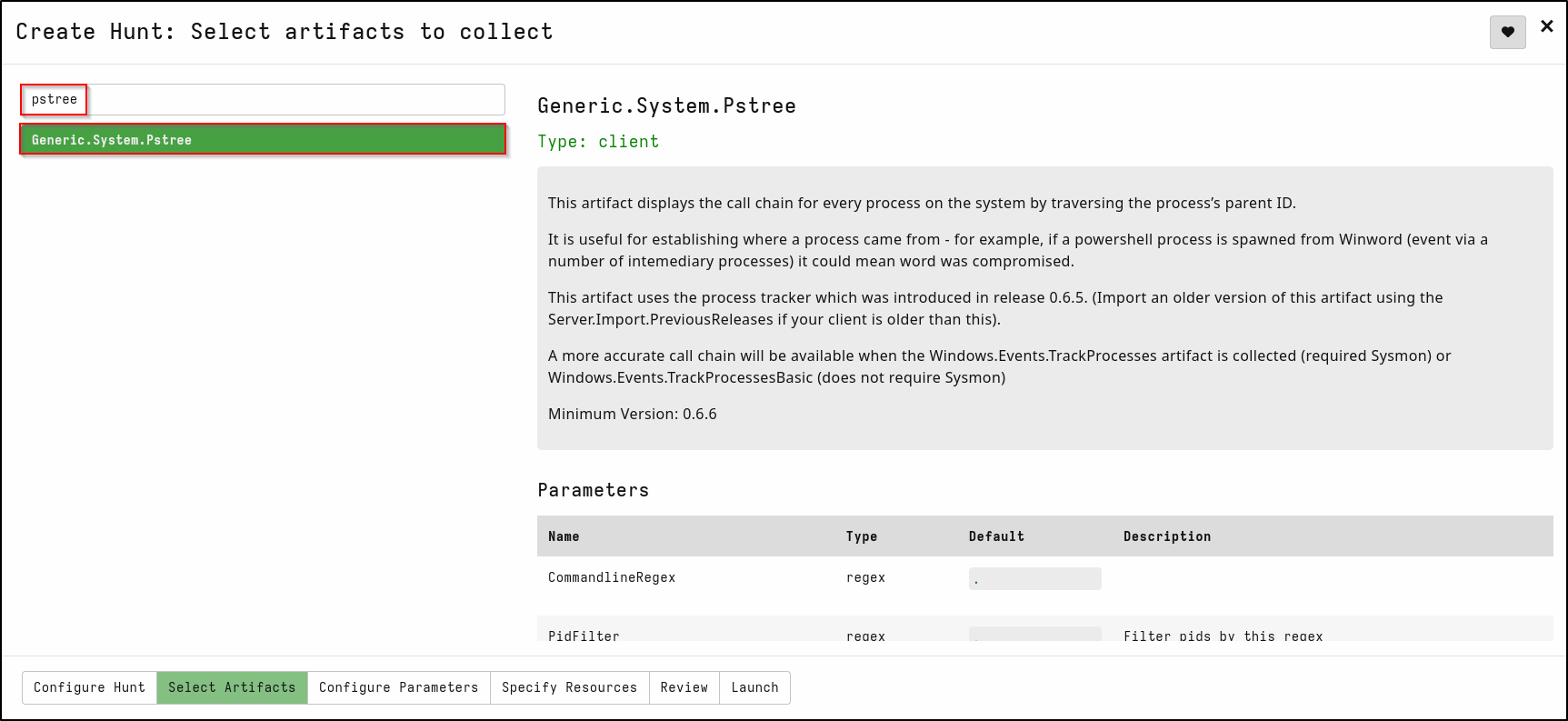 Select the process artefact