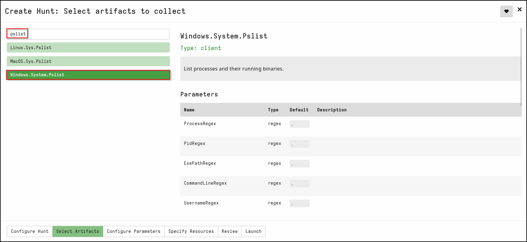 Configure process hunt parameters