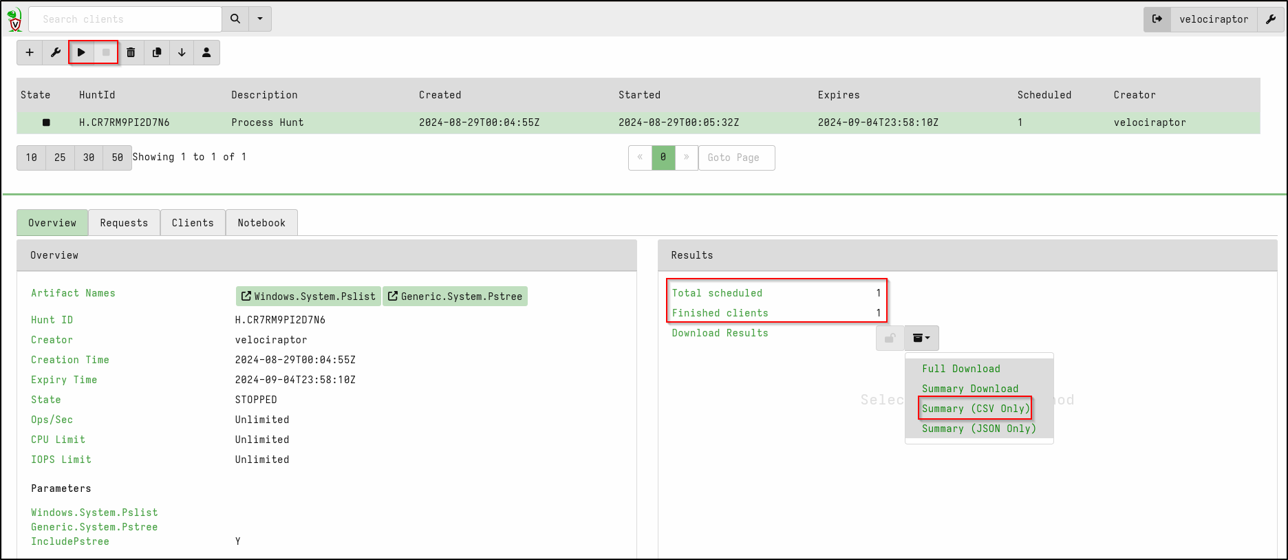 Review and launch the process hunt