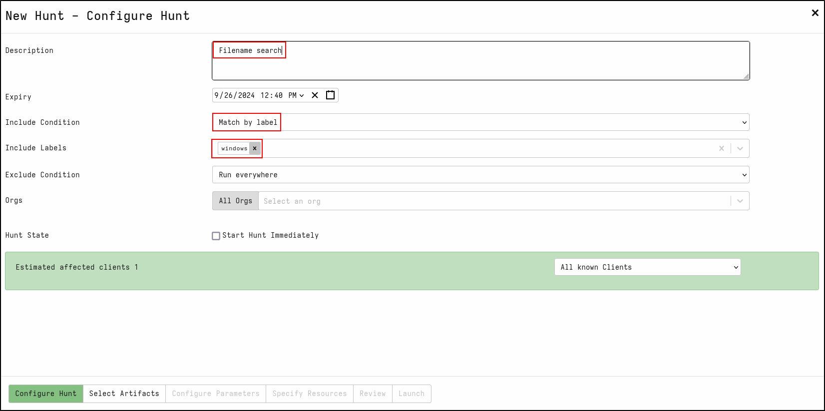 Create a filename search hunt