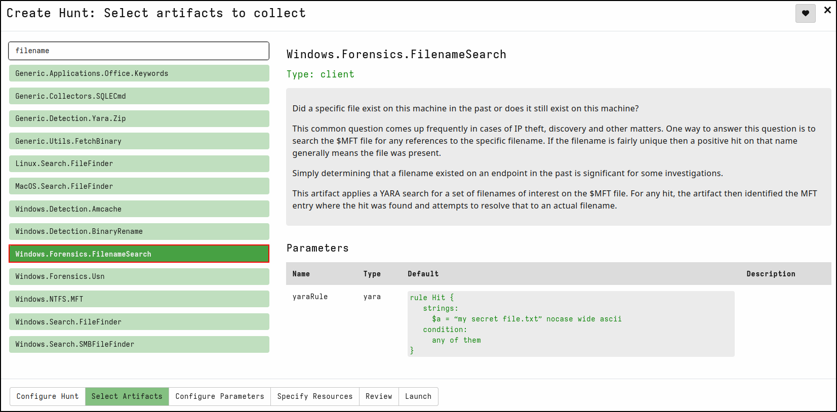 Configure filename search parameters