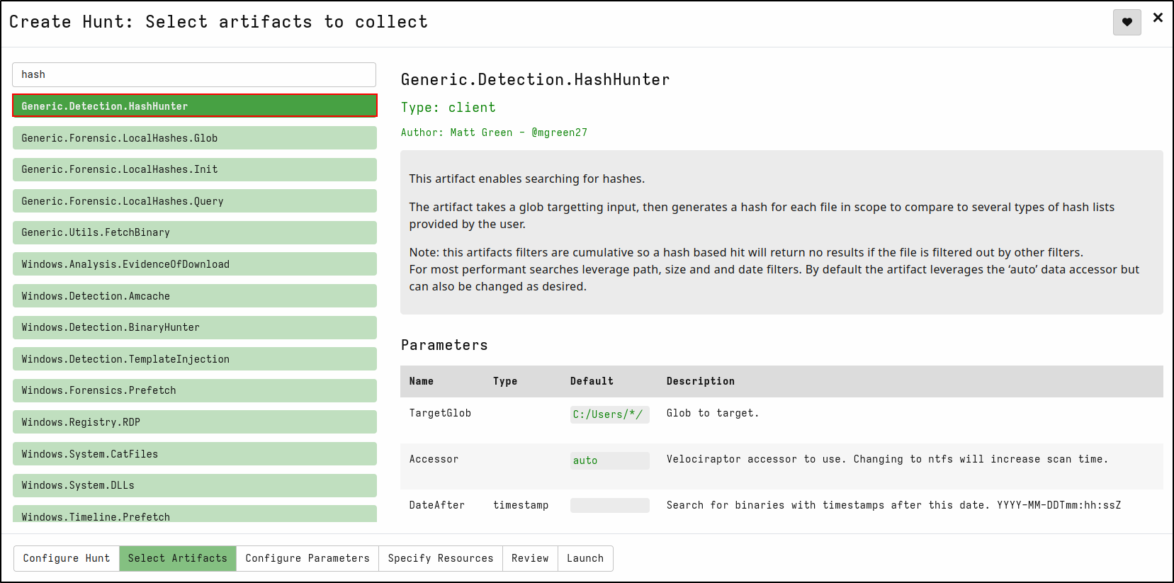 Configure hash hunt parameters