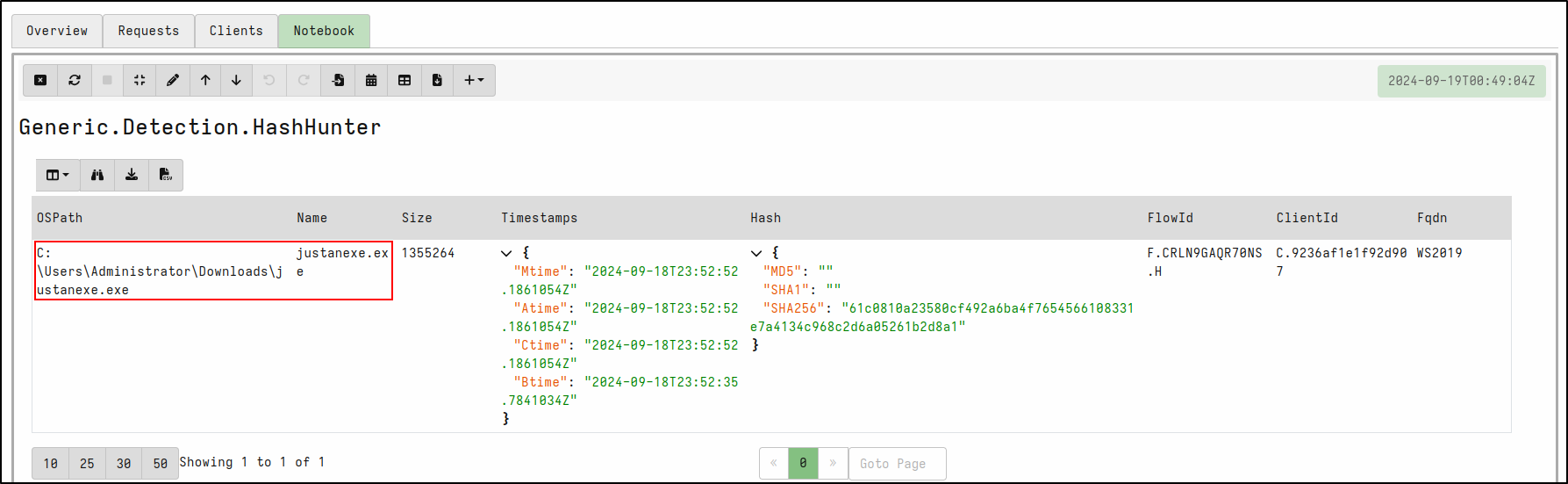 Review the matching hash result