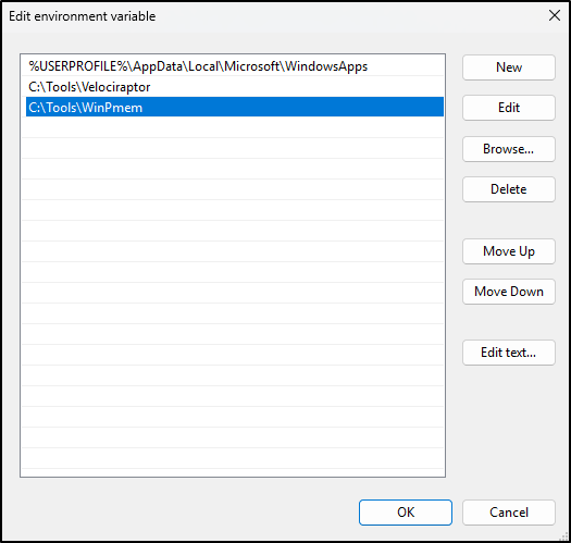 Add the controlled WinPmem tools directory to Path.