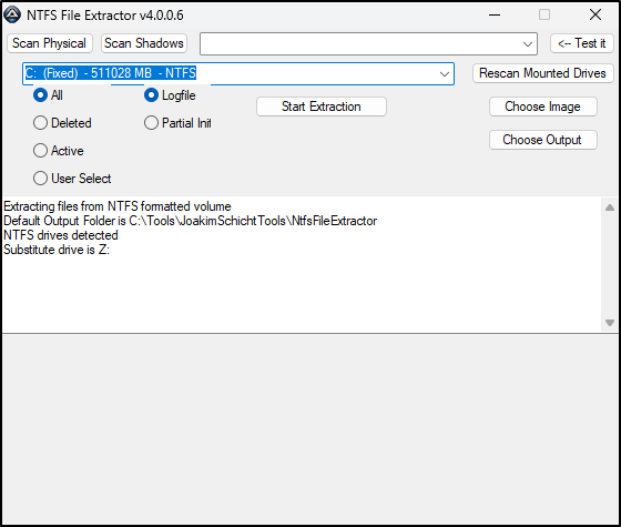 Screenshot: Navigate to C:\Tools\JoakimSchichtTools\NtfsFileExtractor and open NTFSFileExtractor64 to verify the installation. Select Yes when prompt…