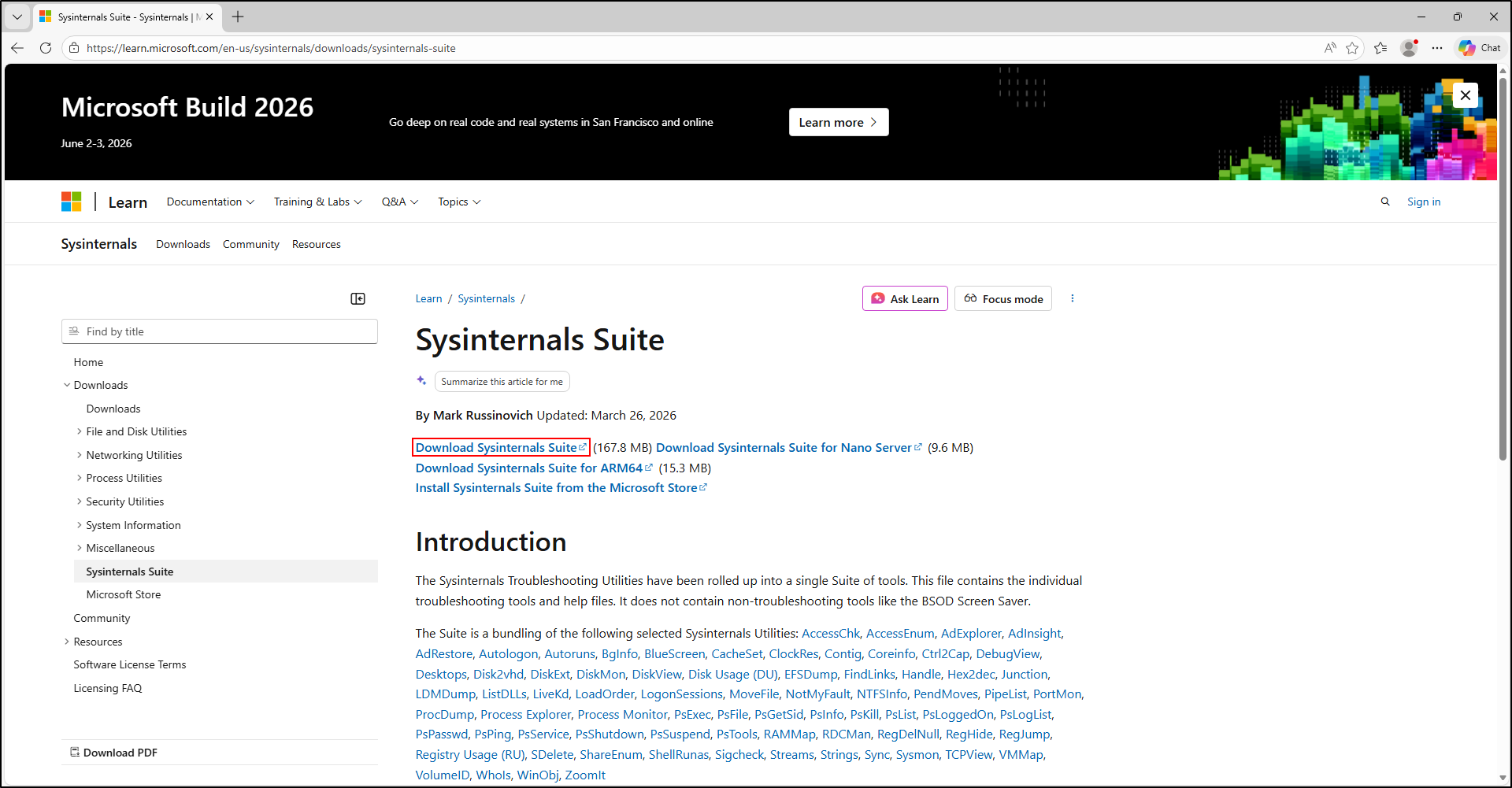 Screenshot: Download Sysinternals Suite and extract it to C:\Tools\SysinternalsSuite directory: