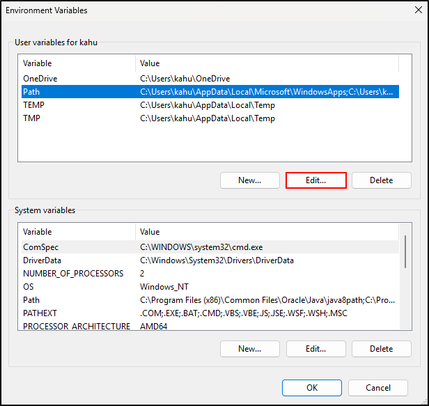 Screenshot: Under User variables, select path and click Edit