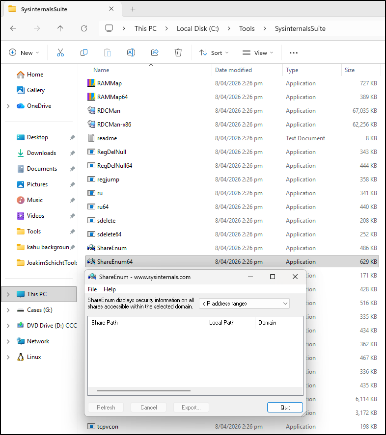 Screenshot: The tool is available in C:\Tools\SysinternalsSuite