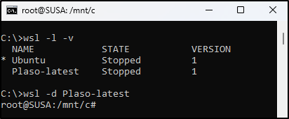 Screenshot: The custom WSL distro for Plaso should be ready. Run the command wsl -l -v to check which distribution you have installed. Use the comman…