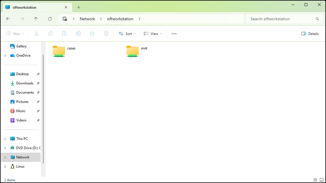Screenshot: We can either use the hostname siftworkstation or the IP address of the Linux SIFT to connect to the share directly:
