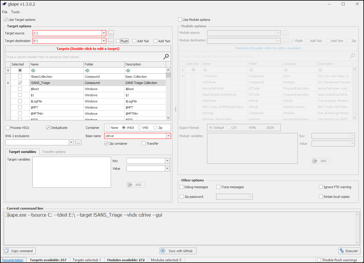 Screenshot: Select SANS Triage and VHDX as the Container. Set Base name as cdrive. Click Execute