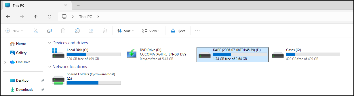 Screenshot: Double-clicking the VHDX will mount it on the DFIR VM as an E drive