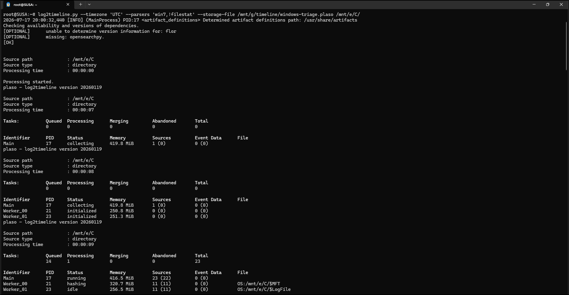 Screenshot: We begin by parsing the contents of the mounted VHDX image using log2timeline. In the commands below, we specify the known time zone of t…