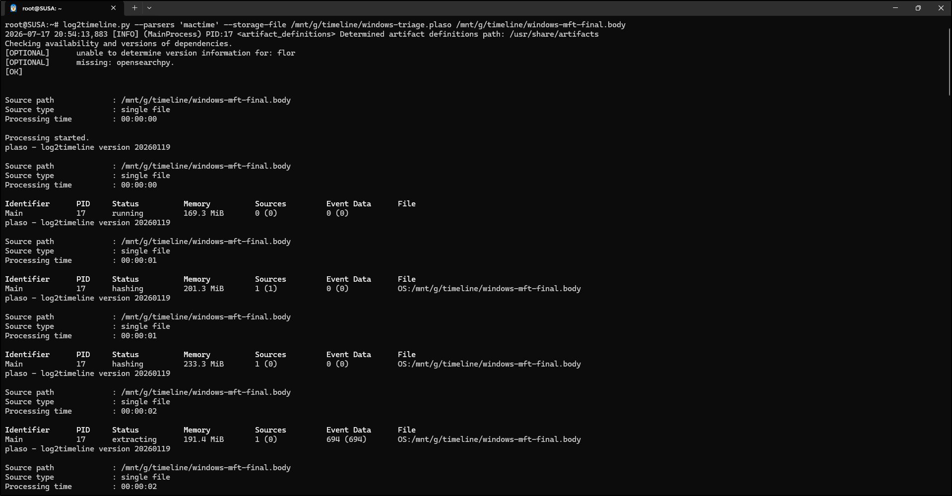 Screenshot: We are now ready to import the final file system timeline data into log2timeline: