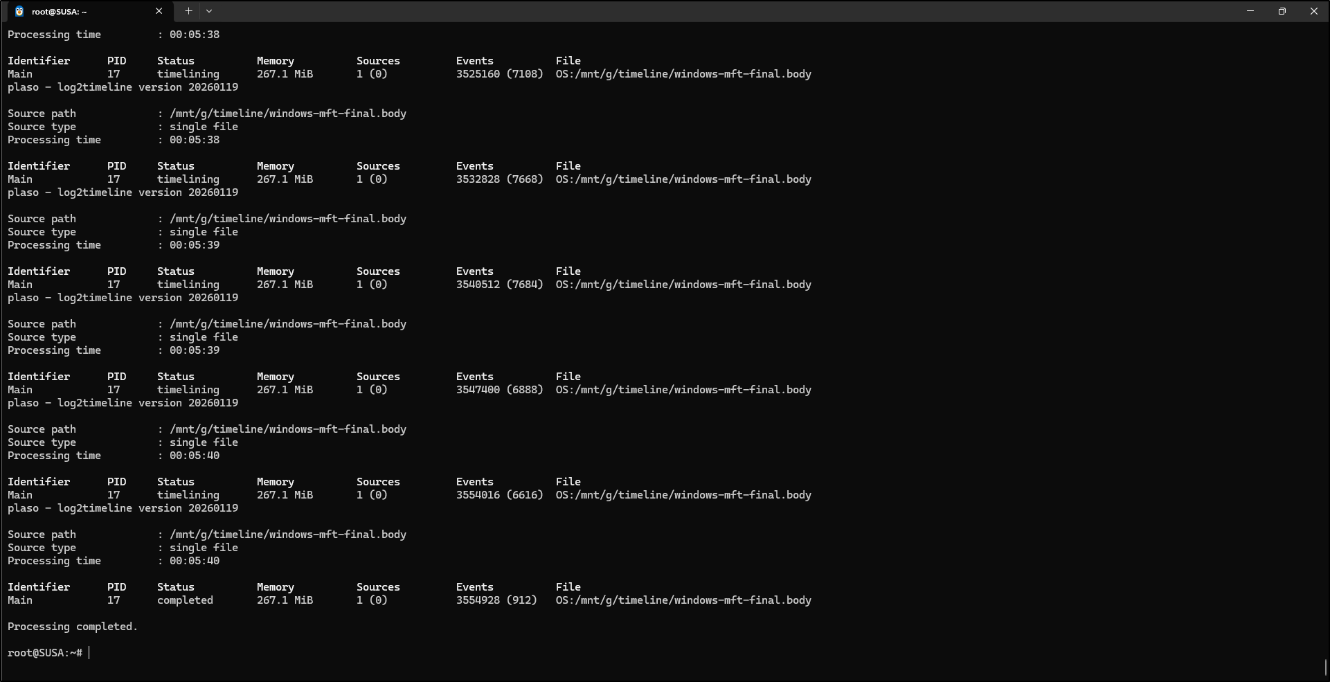 Screenshot: We are now ready to import the final file system timeline data into log2timeline:
