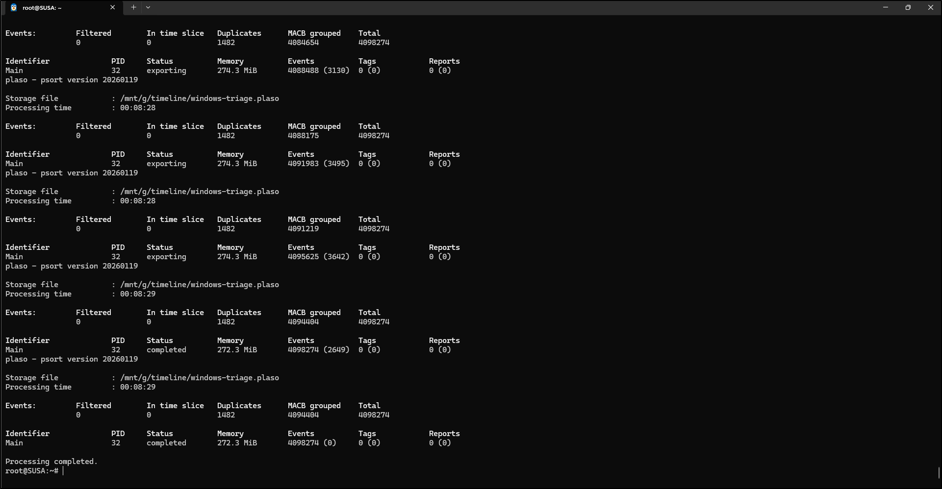 Screenshot: After the log2timeline commands are complete, we have a Plaso database file with artifacts ready to export. To get the data exported into…