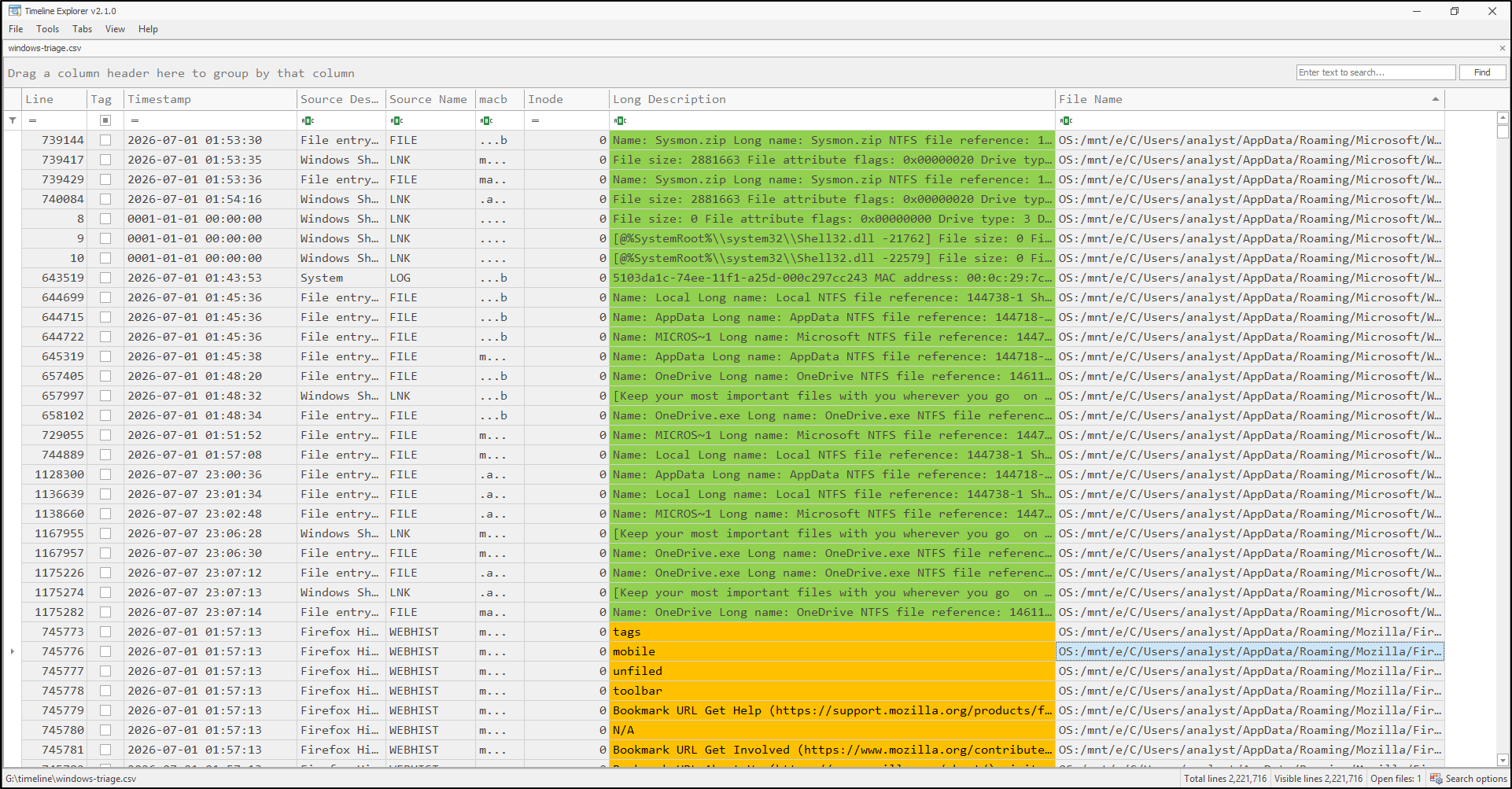Screenshot: Use Timeline Explorer’s column filters and keyword search to narrow the timeline according to the case, such as by time range, userna…