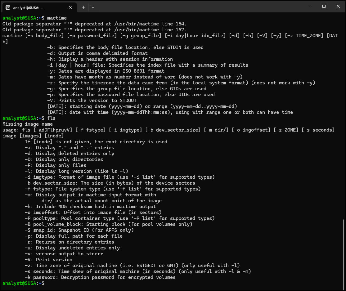 Screenshot: Verify TSK has been installed successfully by typing mactime and fls: