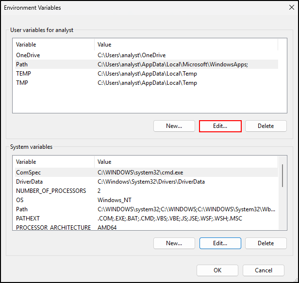 Screenshot: Under User variables, select path and click Edit