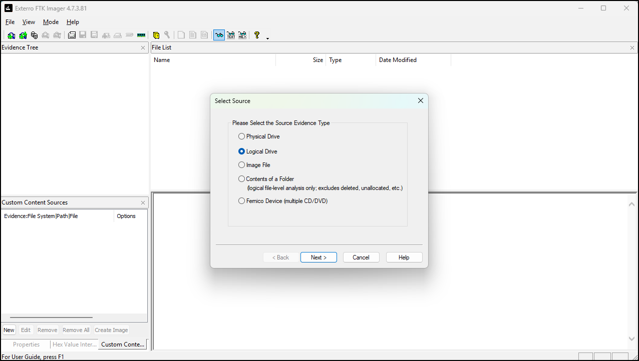 Screenshot: Select File → Create Disk Image → Logical Drive