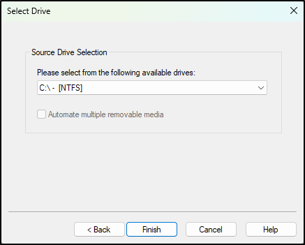 Screenshot: Select C drive as the source drive and click Finish