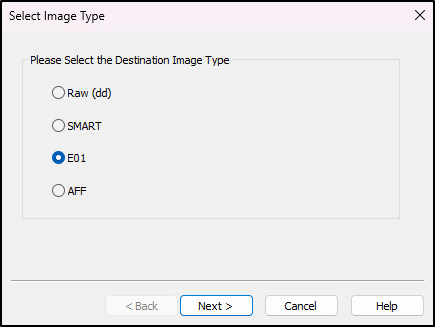 Screenshot: Click Add for Image Destination and select E01 as the image type. Click Next