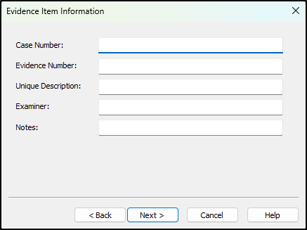 Screenshot: Leave Evidence Item Information as blank and click Next