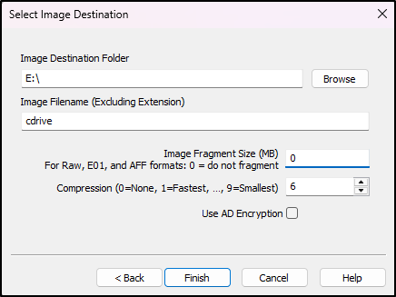 Screenshot: Select Image Destination Folder as E drive. Put cdrive as the Image Filename, select 0 for Image Fragment Size and click Finish