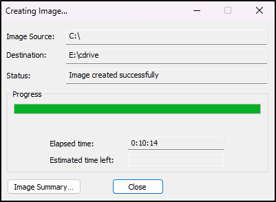 Screenshot: One the image creation is complete, click Close