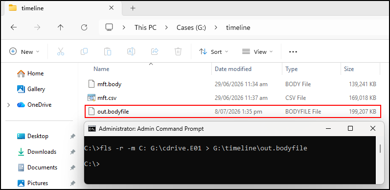 Screenshot: Open an administrator Command Prompt and run the following command to create triage timeline bodyfile: