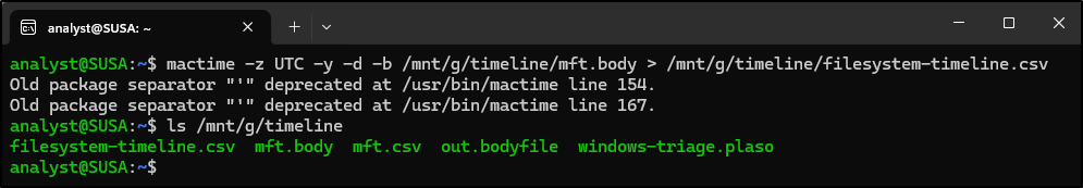 Screenshot: Open WSL terminal and run the following command to create the filesystem timeline in CSV format: