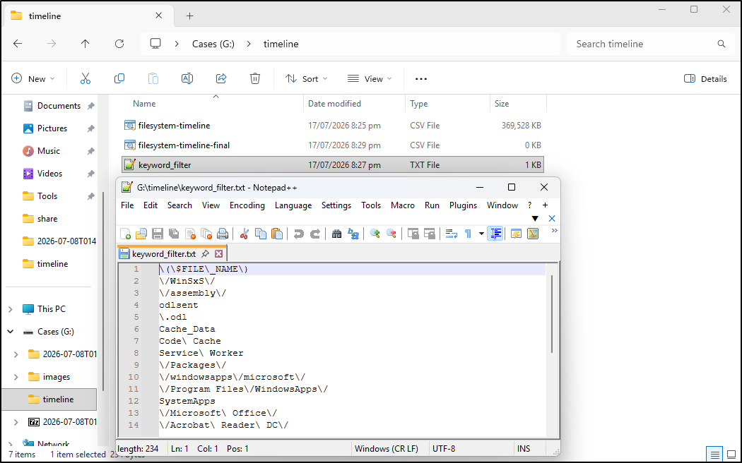 Screenshot: Create a keywordfilter.txt that contains a filter list to remove files from the timeline that are noisy and likely to show false positives