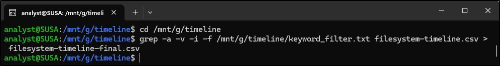 Screenshot: On the WSL terminal, navigate to the /mnt/g/timeline directory, and filter the timeline using grep and keywordfilter.txt