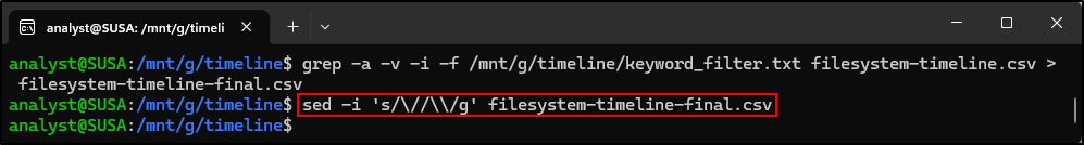 Screenshot: The mactime output formats file paths using the Unix nomenclature of forward slashes. We need to replace those forward slashes with backs…