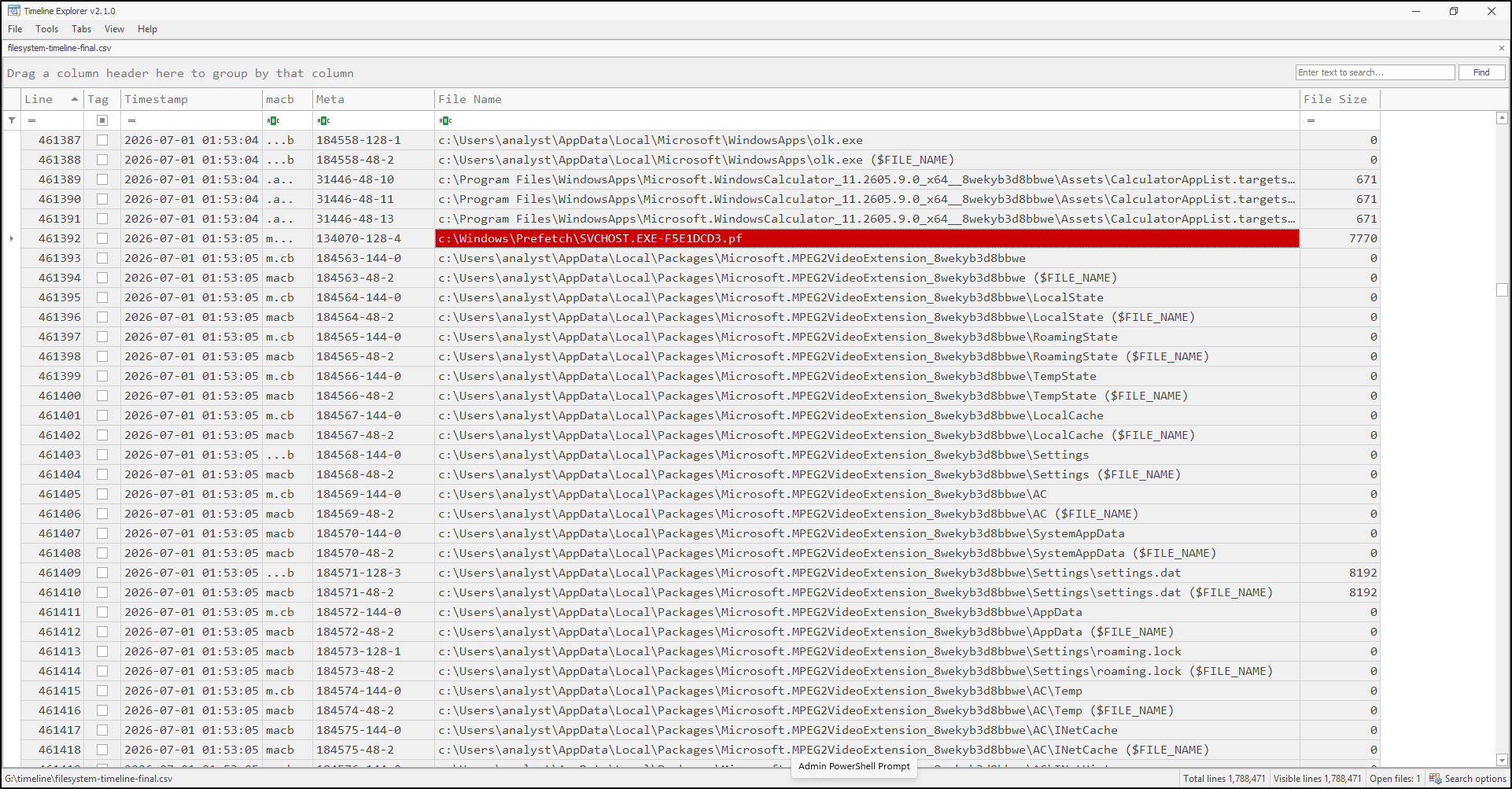 Screenshot: The filesystem timeline can be opened in Timeline Explorer for further analysis