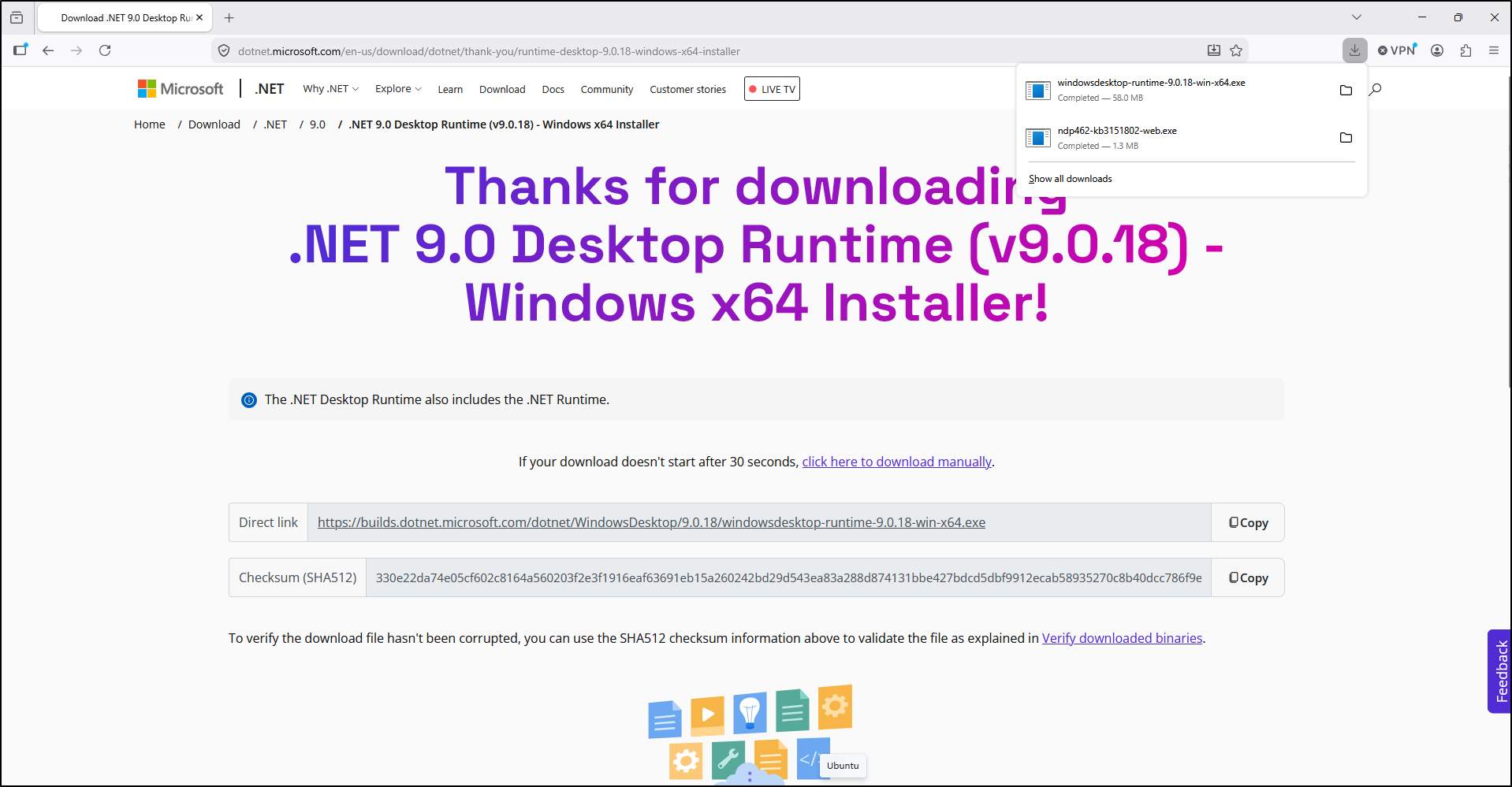 Screenshot: Open the .NET Desktop Runtime download page