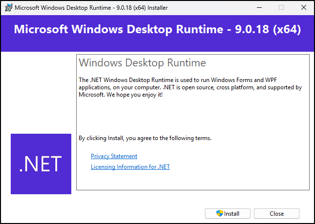 Screenshot: Start the Desktop Runtime installation