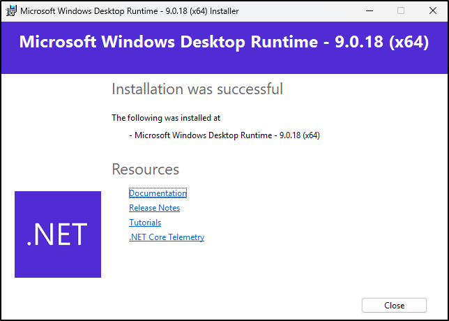 Screenshot: Complete runtime installation