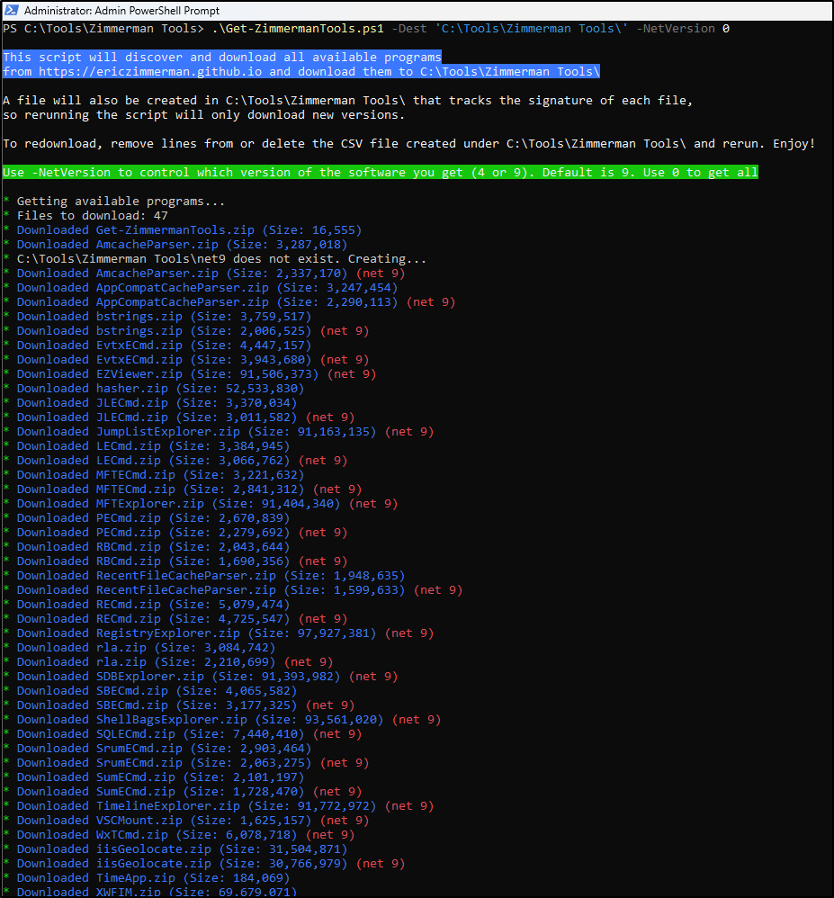 Screenshot: Run Get-ZimmermanTools with a controlled destination