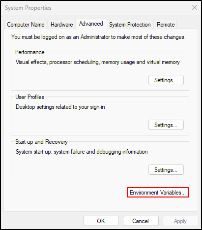 Screenshot: Open Environment Variables